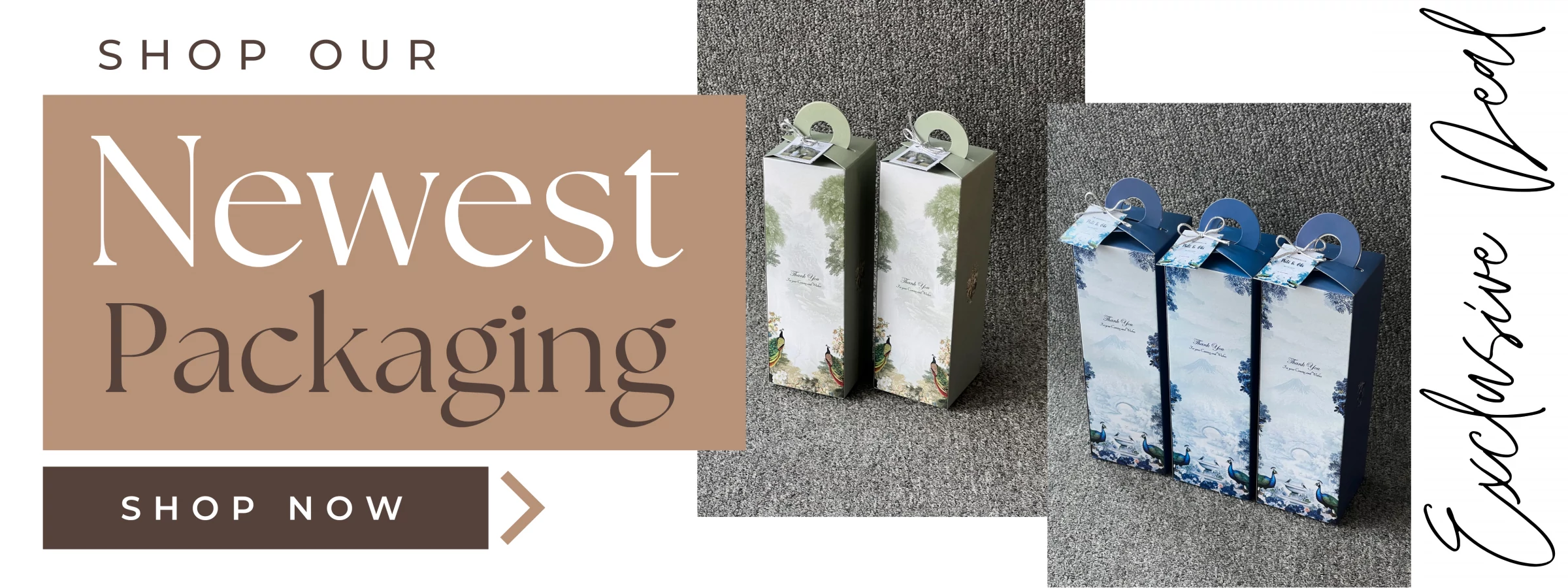 Shop Our New Products Website Banner Tan & Brown